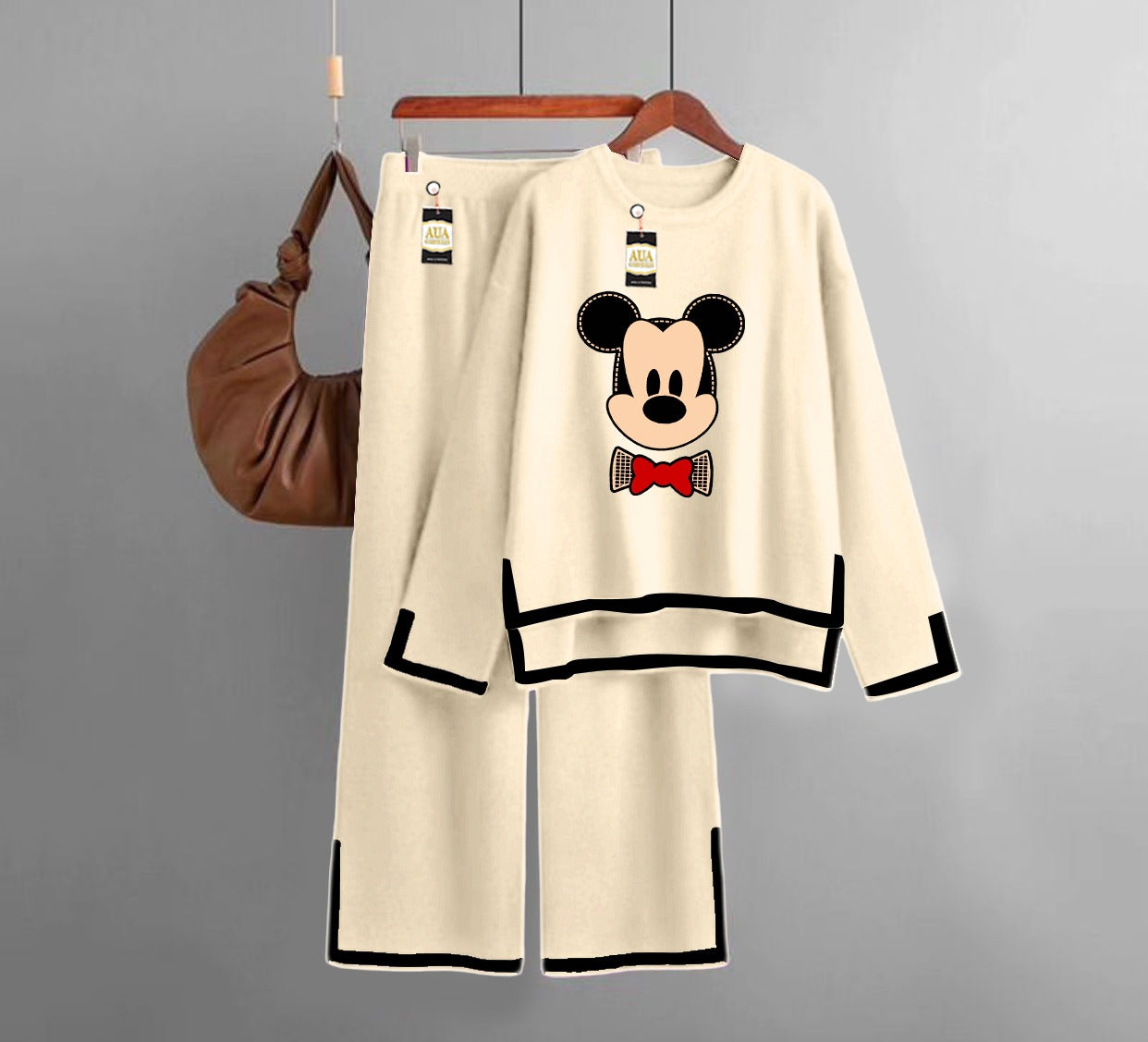 Micky Mouse Printed Turkish Winter Co-Ord Set for Women - Warm & Stylish Loungewear Beige