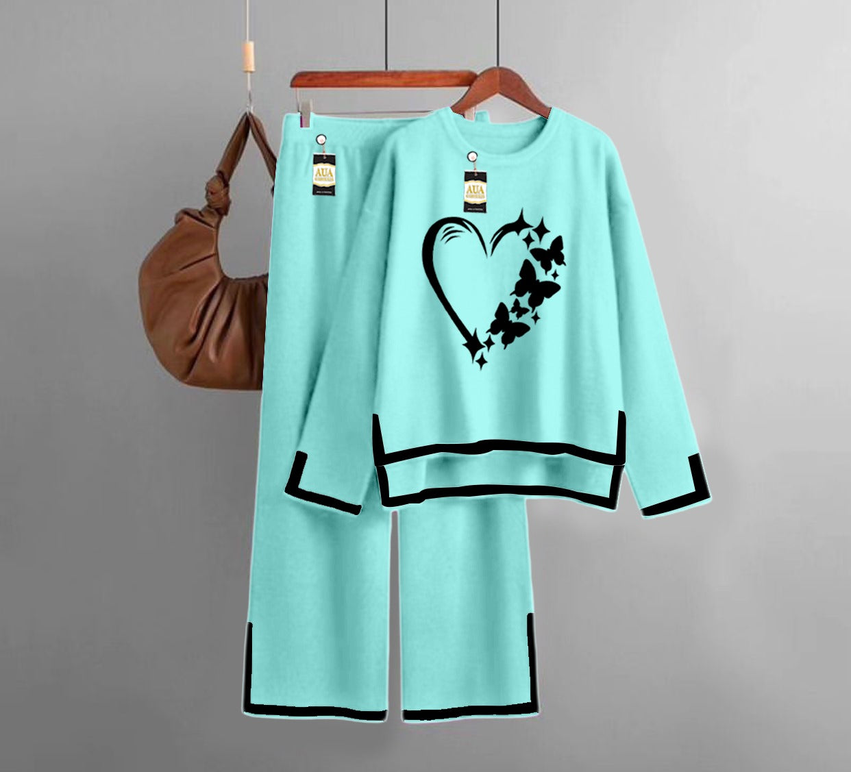 Butterfly Heart Printed Turkish Winter Co-Ord Set for Women - Warm & Stylish Loungewear Sky Blue