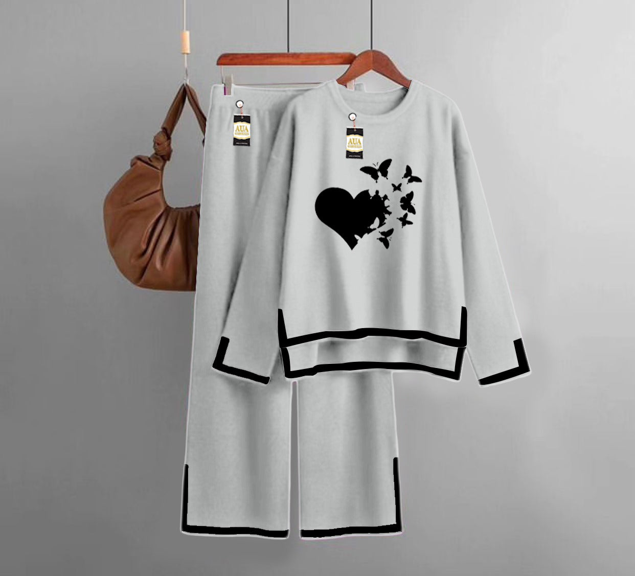 Flying Butterfly Heart Printed Turkish Winter Co-Ord Set for Women - Warm & Stylish Loungewear LIght Grey