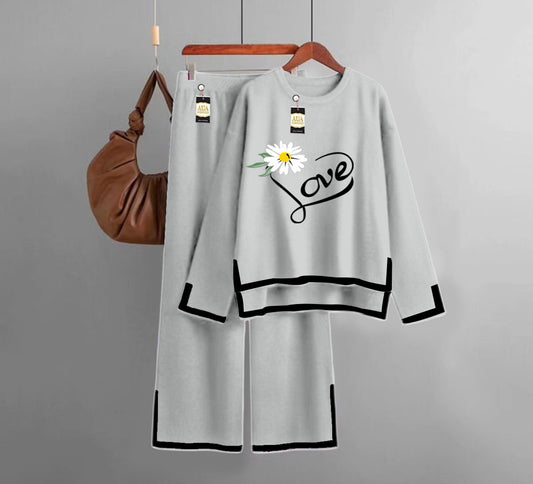 Love Flower  Printed Turkish Winter Co-Ord Set for Women - Warm & Stylish Loungewear LIght Grey