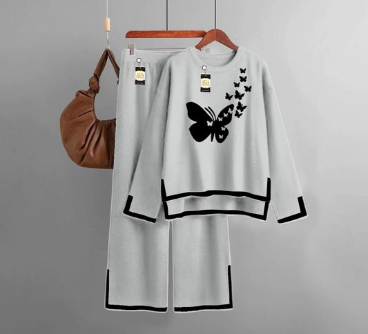 Flying Butterfly Printed Turkish Winter Co-Ord Set for Women - Warm & Stylish Loungewear LIght Grey