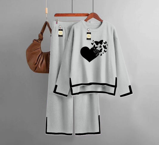Flying Butterfly heart Printed Turkish Winter Co-Ord Set for Women - Warm & Stylish Loungewear LIght Grey
