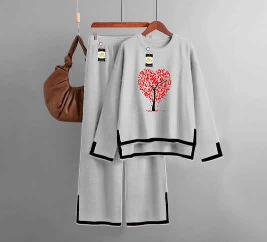 Tree Heart Printed Turkish Winter Co-Ord Set for Women - Warm & Stylish Loungewear LIght Grey