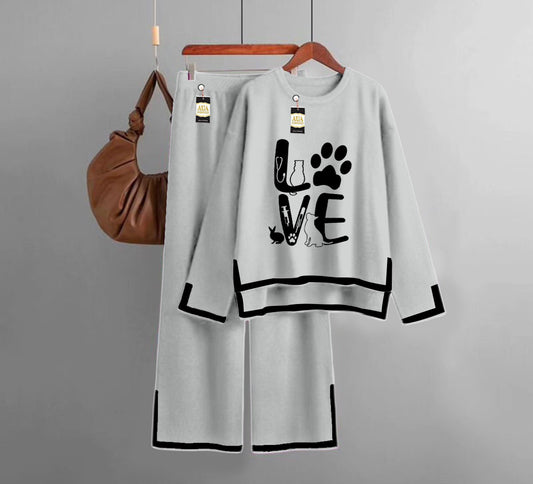 Love  Printed Turkish Winter Co-Ord Set for Women - Warm & Stylish Loungewear LIght Grey
