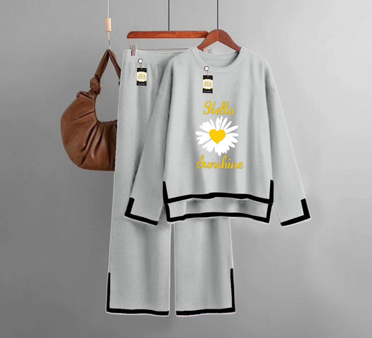 Sun Flower  Printed Turkish Winter Co-Ord Set for Women - Warm & Stylish Loungewear LIght Grey