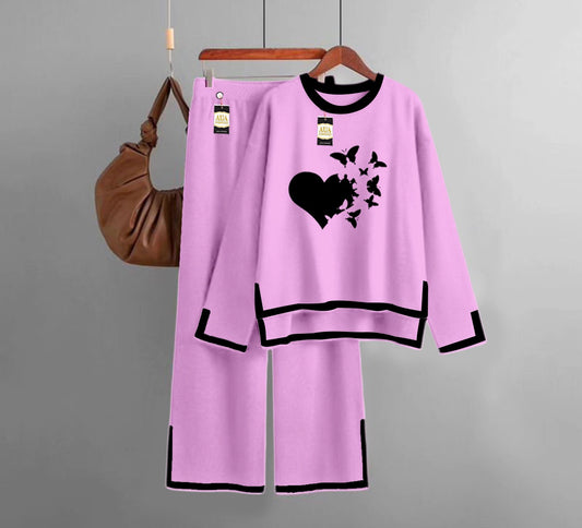 Flying Butterfly Printed Turkish Winter Co-Ord Set for Women - Warm & Stylish Loungewear Baby Pink
