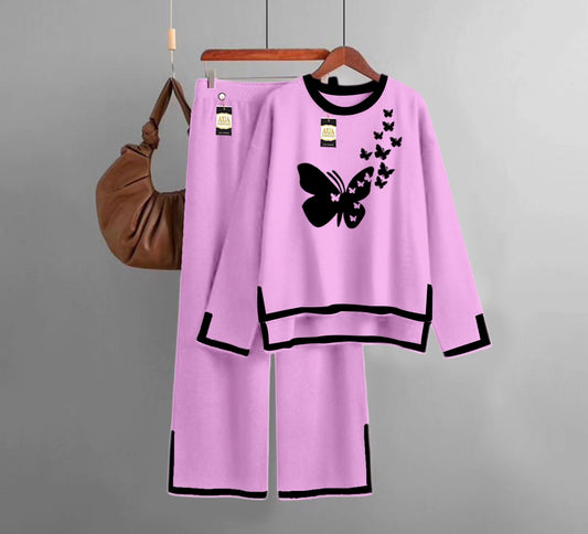 Flying Butterfly Printed Turkish Winter Co-Ord Set for Women - Warm & Stylish Loungewear Baby Pink
