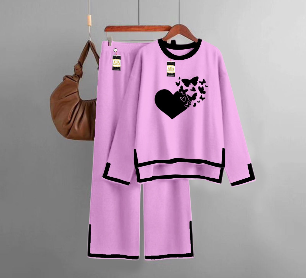 Flying Butterfly Heart Printed Turkish Winter Co-Ord Set for Women - Warm & Stylish Loungewear Baby Pink