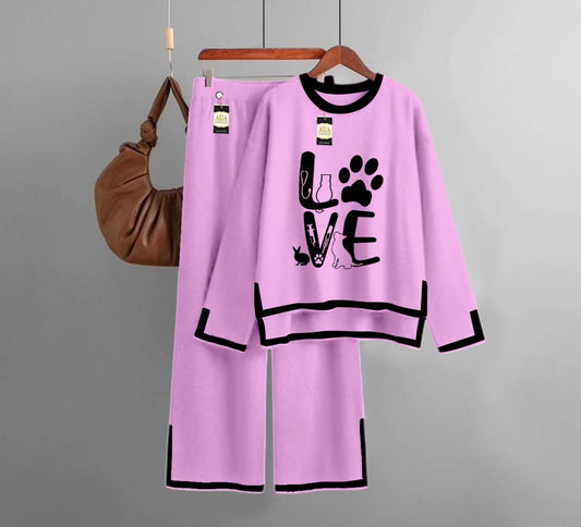 Love Printed Turkish Winter Co-Ord Set for Women - Warm & Stylish Loungewear Baby Pink