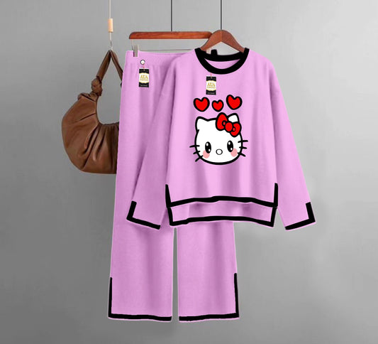 Kitty  Printed Turkish Winter Co-Ord Set for Women - Warm & Stylish Loungewear Baby Pink