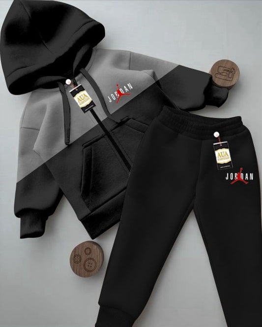 Jorden Printed Stylish Black & Grey Kids' Tracksuit Set with Zipper Hoodie and Trousers (1-10 Years)"