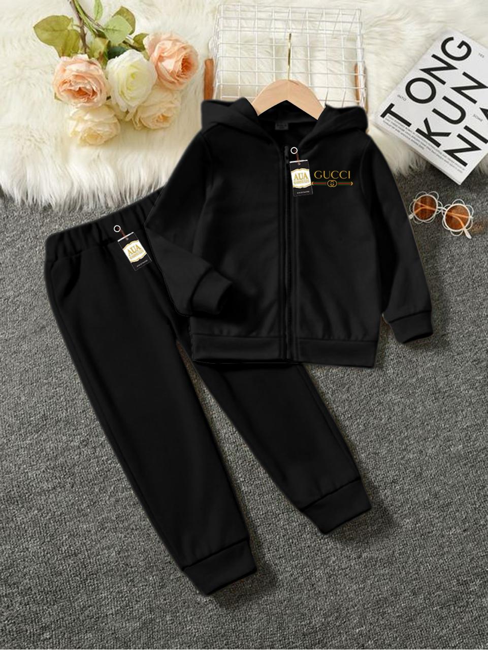 Gucci Printed Stylish Black Kids' Tracksuit Set with Zipper Hoodie and Trousers (1-10 Years)"