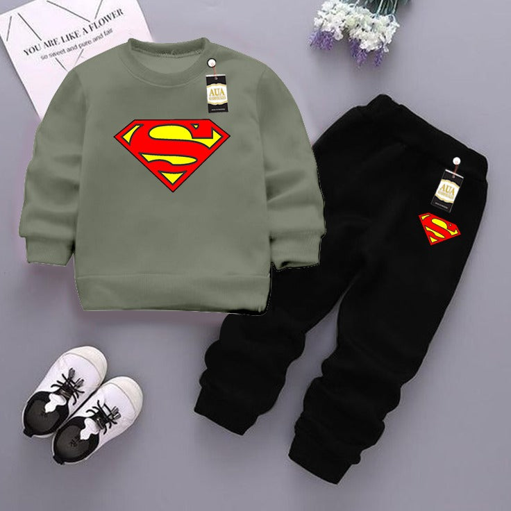 Light Green  and Black (Superman ) Printed Kids Tracksuit for Winter By Zarhas.pk