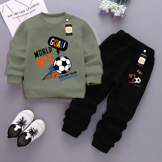 Light Green  and Black (Goal No 1) Printed Kids Tracksuit for Winter By Zarhas.pk