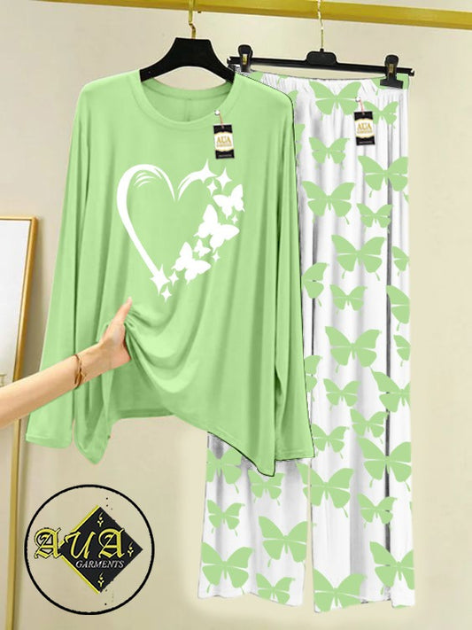 Light Green Women Heart  Printed Nightwear Set with Butterfly Printed Trousers – Women's Lounge Wear (003)