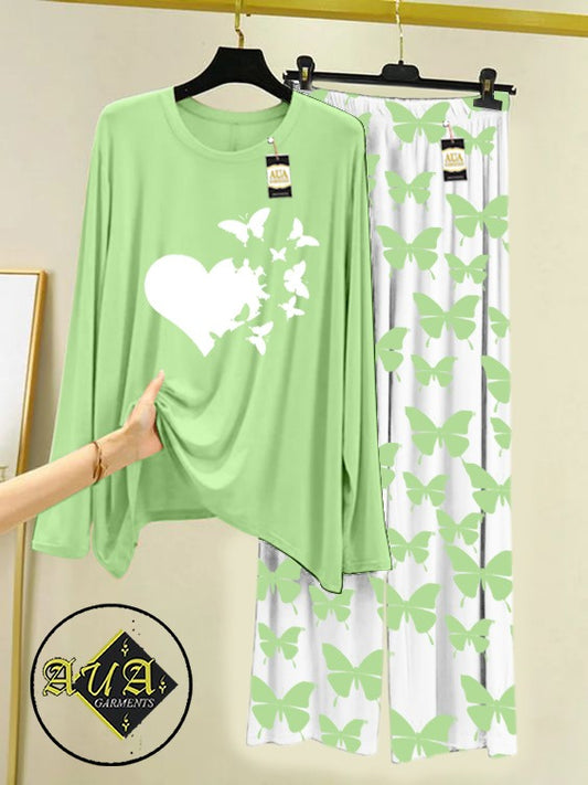 Light Green Flying Butterflies Heart  Printed Nightwear Set with Butterfly Printed Trousers – Women's Lounge Wear (003)
