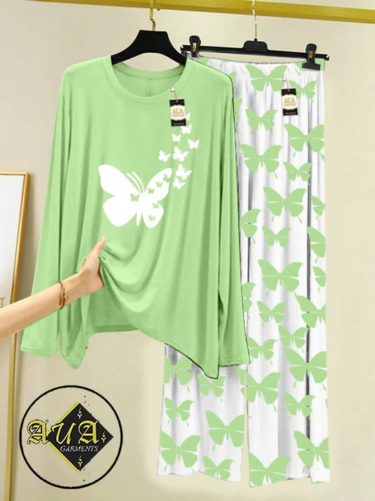 Sea Green Flying Butterfly Printed Nightwear Set with Butterfly Printed Trousers – Women's Lounge Wear (003)
