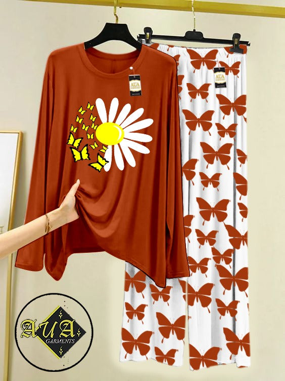 Beige SunFlower  Printed Nightwear Set with Butterfly Printed Trousers – Women's Lounge Wear (003)