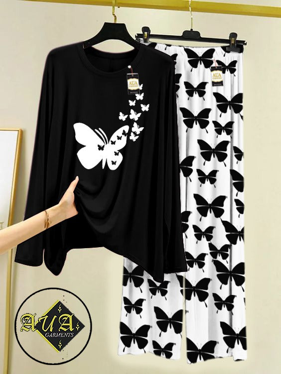 Black Flying Butterfly Heart Printed Nightwear Set with Butterfly Printed Trousers – Women's Lounge Wear (003)