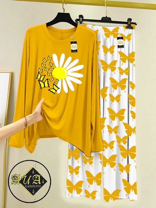 Yellow SunFlower Printed Nightwear Set with Butterfly Printed Trousers – Women's Lounge Wear (002)