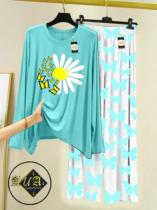 Sky Blue SunFlower Printed Nightwear Set with Butterfly Printed Trousers – Women's Lounge Wear (003)