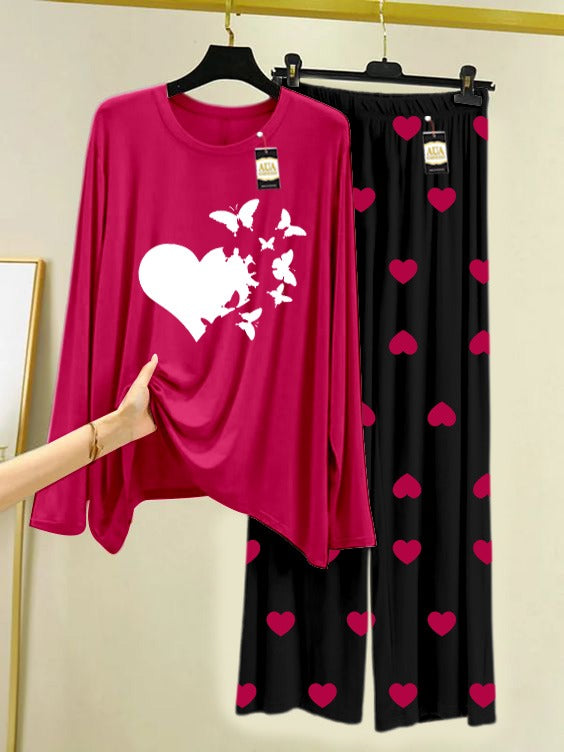 Dark Pink Heart Butterflies Printed Nightwear Set with Mini Heart Printed Trousers – Women's Lounge Wear (006)