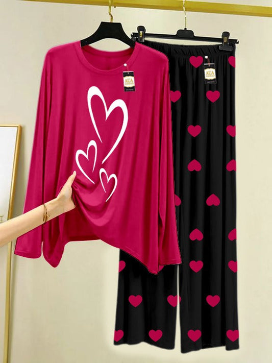 Dark Pink Multi Heart Printed Nightwear Set with Mini Heart Printed Trousers – Women's Lounge Wear (006)
