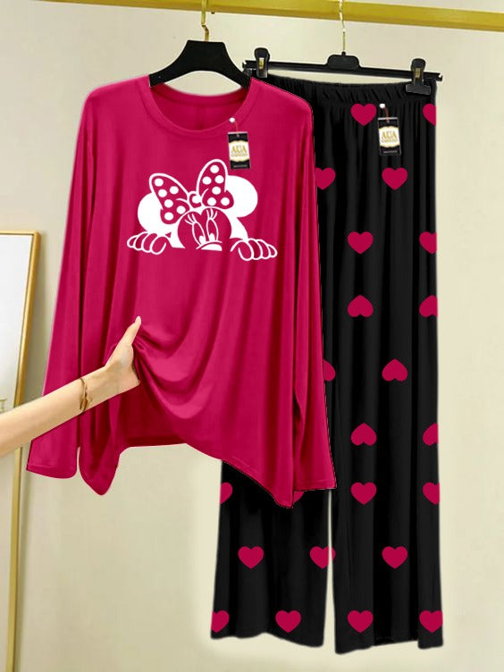 Dark Pink Mini Mouse Printed Nightwear Set with Mini Heart Printed Trousers – Women's Lounge Wear (006)