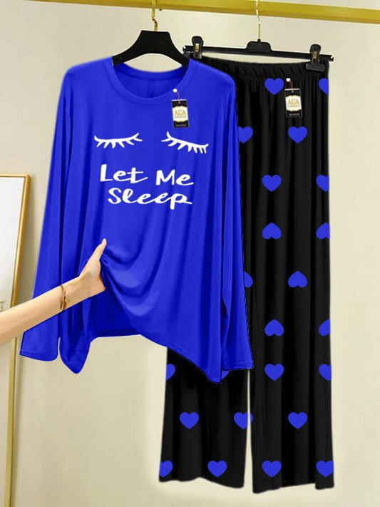 Navy Blue Let Me Sleep Printed Nightwear Set with Mini Heart Printed Trousers – Women's Lounge Wear (006)