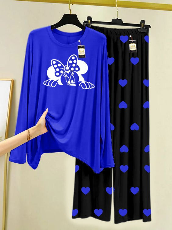 Navy Blue Mini Mouse Printed Nightwear Set with Mini Heart Printed Trousers – Women's Lounge Wear (006)