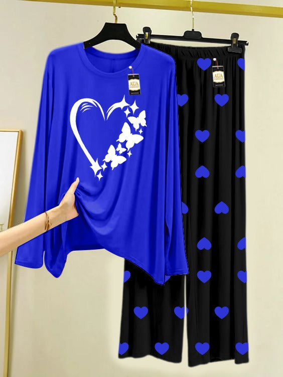 Navy Blue Women Heart Printed Nightwear Set with Mini Heart Printed Trousers – Women's Lounge Wear (006)