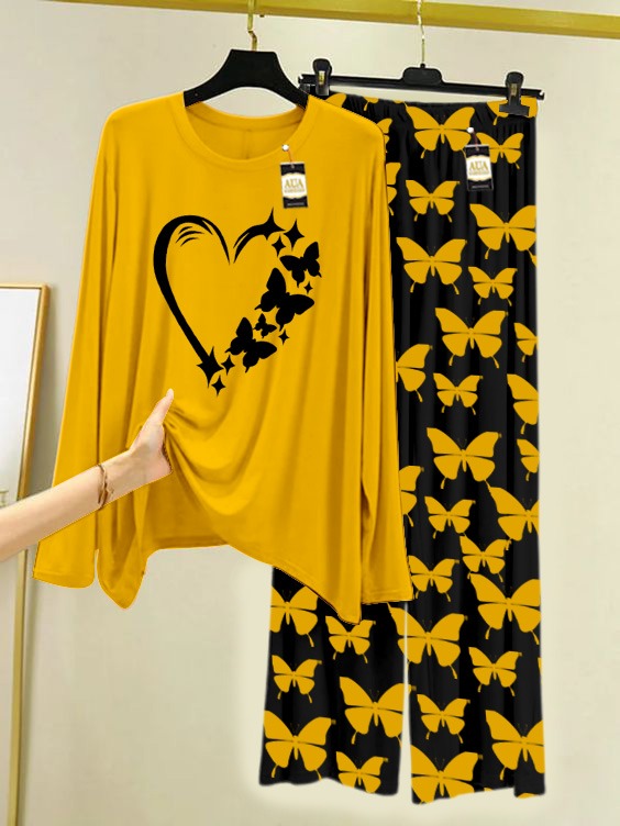 Yellow Women Heart Printed Nightwear Set With Black Butterfly Printed Trousers – Women's Lounge Wear (007)