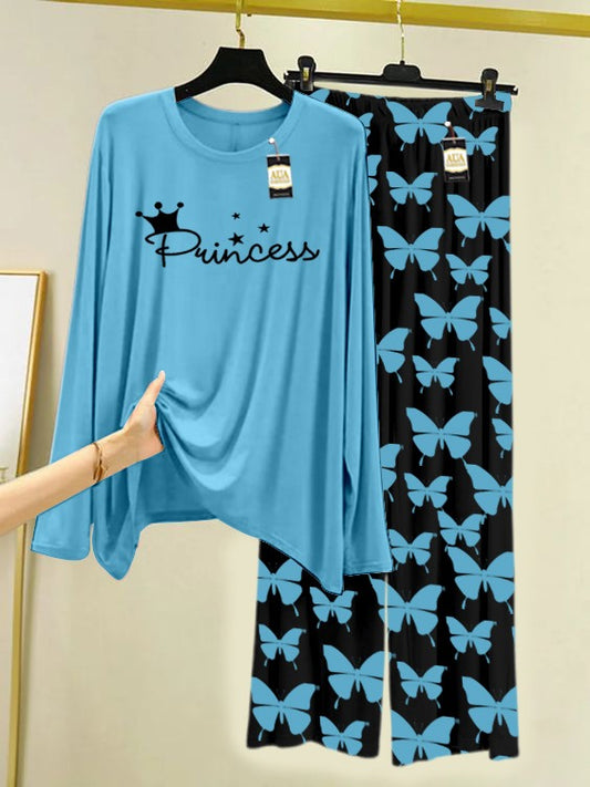 Sky Blue Princess Printed Nightwear Set With Black Butterfly Printed Trousers – Women's Lounge Wear (007)