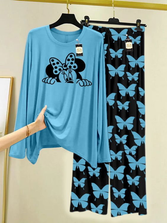 Sky Blue mickey face  Printed Nightwear Set With Black Butterfly Printed Trousers – Women's Lounge Wear (007)