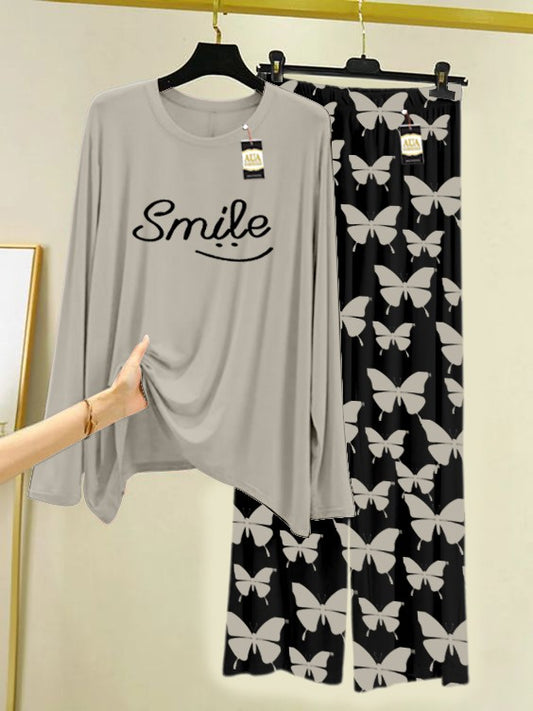 GREY Smile Printed Nightwear Set With Black Butterfly Printed Trousers – Women's Lounge Wear (007)