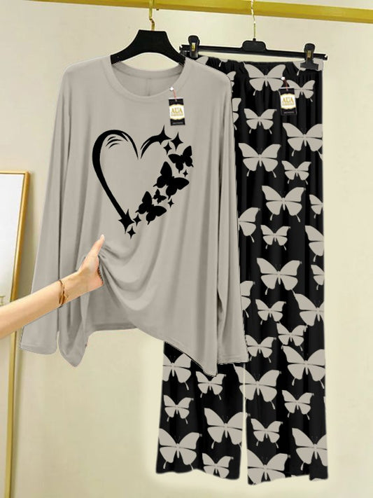 GREY WOMEN Heart  Printed Nightwear Set With Black Butterfly Printed Trousers – Women's Lounge Wear (007)