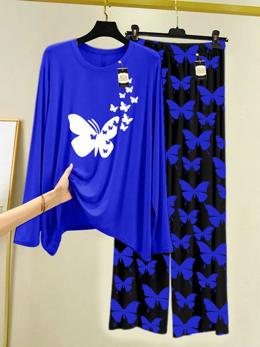 NAVY Flying Butterfly  Printed Nightwear Set With Black Butterfly Printed Trousers – Women's Lounge Wear (007)