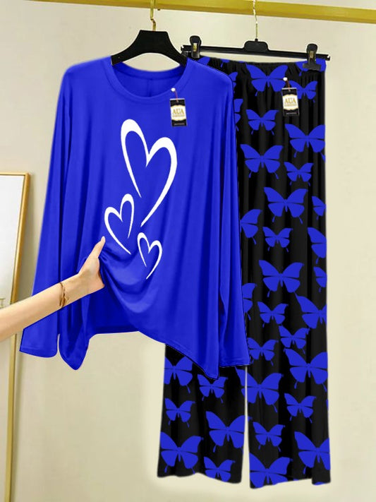 NAVY MUlti Heart  Printed Nightwear Set With Black Butterfly Printed Trousers – Women's Lounge Wear (007)