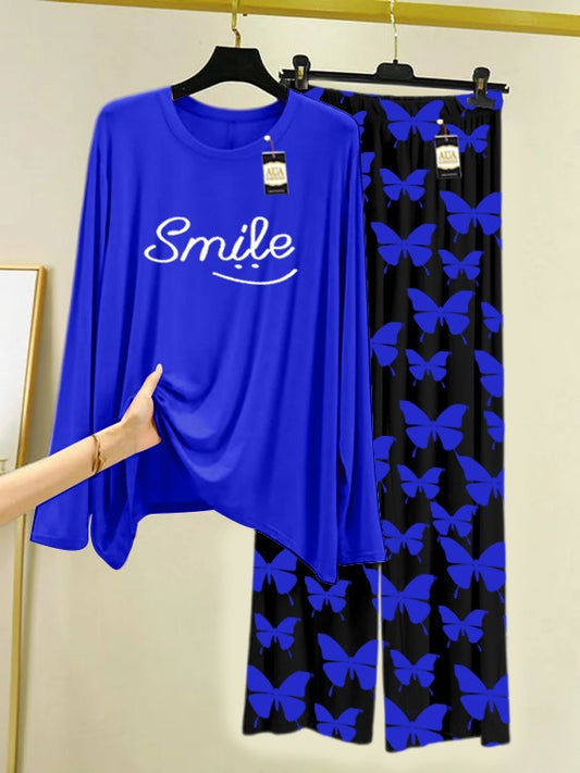 NAVY Smile  Printed Nightwear Set With Black Butterfly Printed Trousers – Women's Lounge Wear (007)