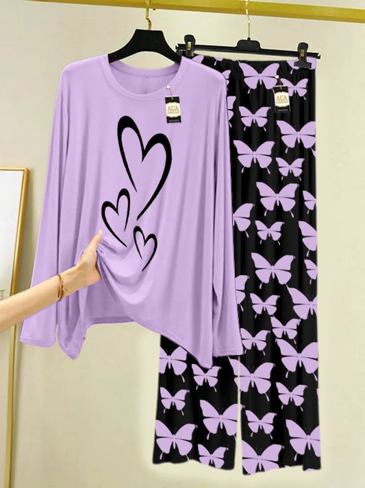 PURPLE Multi Heart  Printed Nightwear Set With Black Butterfly Printed Trousers – Women's Lounge Wear (007)