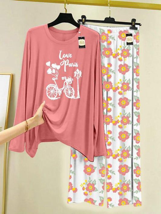 PEACH CYCLE Printed Nightwear Set with Flower Printed Trousers – Women's Lounge Wear (005)
