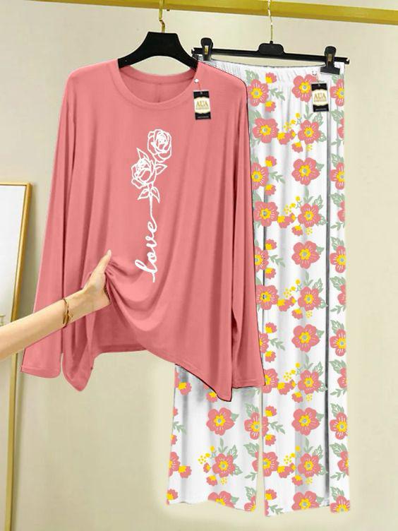 PEACH LOVE ROSE Printed Nightwear Set with Flower Printed Trousers – Women's Lounge Wear (005)
