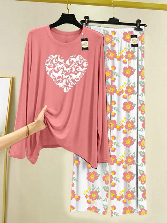 PEACH HEART BUTTERFLY Printed Nightwear Set with Flower Printed Trousers – Women's Lounge Wear (005)