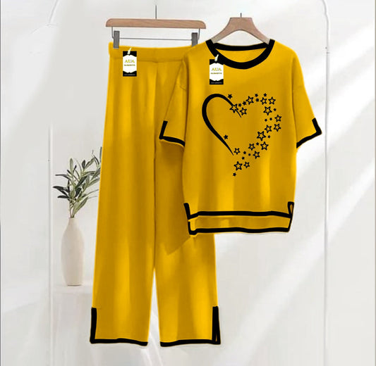 Women's Mustard Star Heart Printed Nightwear Set - Soft Summer Jersey Fabric, Short Sleeves, Contrast Piping Turkish Style | Comfortable Sleepwear by AUA Garments