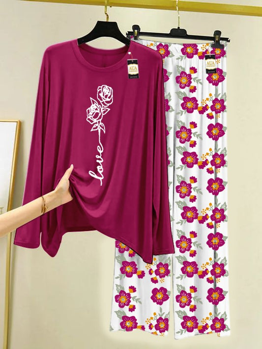 Maroon Love Rose Printed Nightwear Set with Flower Printed Trousers – Women's Lounge Wear (005)