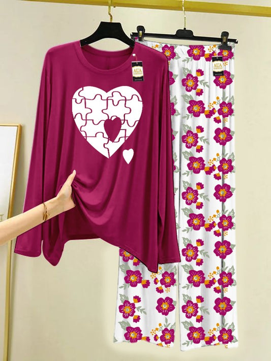 Maroon Puzzle Heart Printed Nightwear Set with Flower Printed Trousers – Women's Lounge Wear (005)