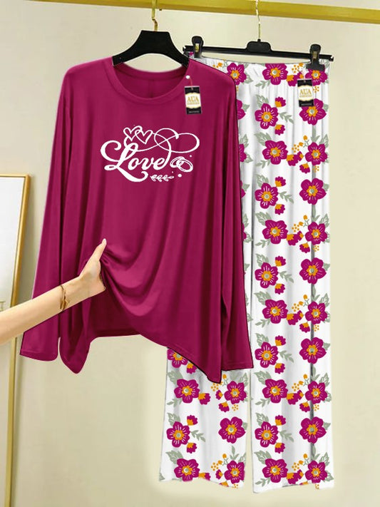 Maroon Love Printed Nightwear Set with Flower Printed Trousers – Women's Lounge Wear (005)