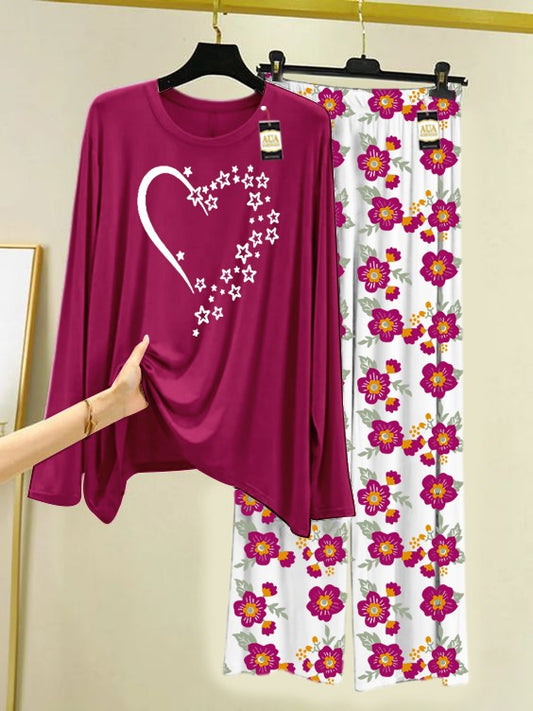 Maroon Star Heart  Printed Nightwear Set with Flower Printed Trousers – Women's Lounge Wear (005)