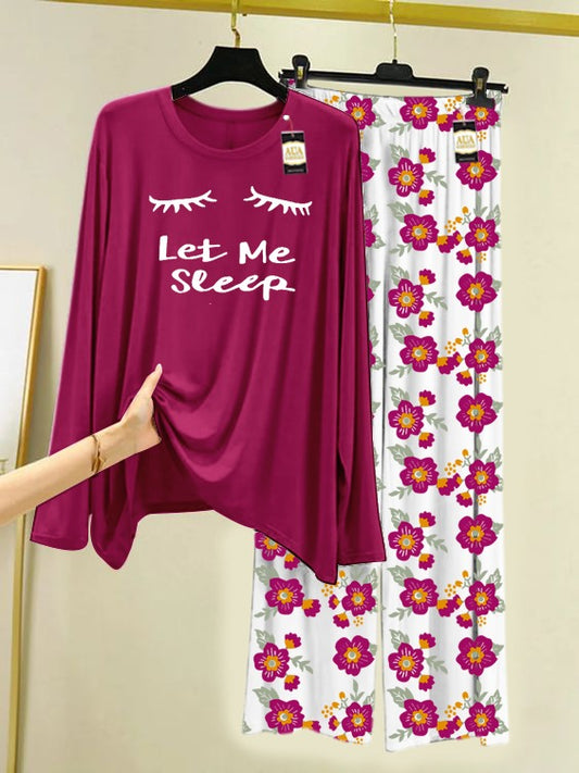 Maroon Let Me Sleep  Printed Nightwear Set with Flower Printed Trousers – Women's Lounge Wear (005)