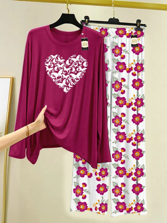 Maroon Trendy Heart Printed Nightwear Set with Flower Printed Trousers – Women's Lounge Wear (005)